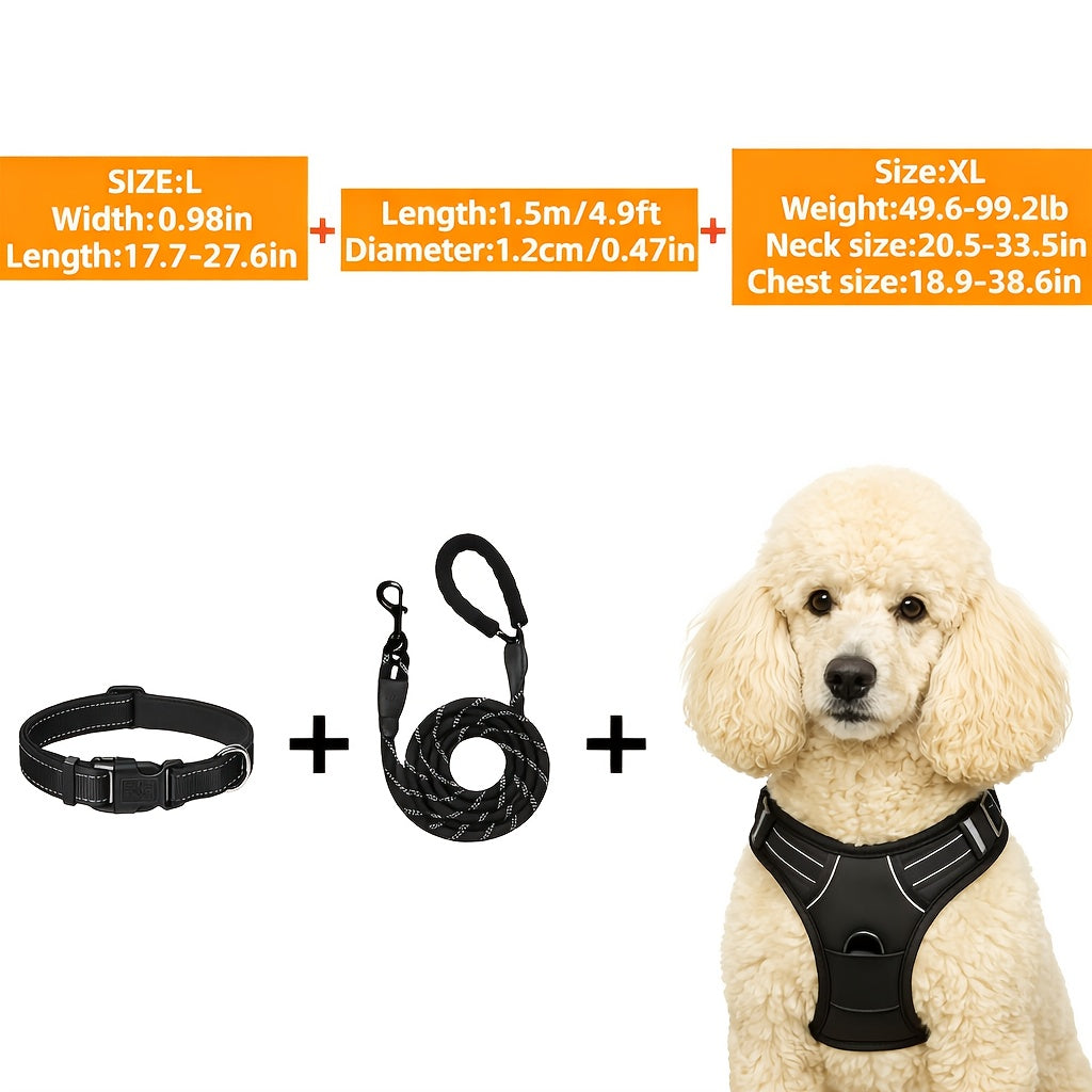 3 In 1 Dog Harness Set With Soft Padded Collar Durable Adjustable Chest Harness Leash Reflective Oxford Fabric