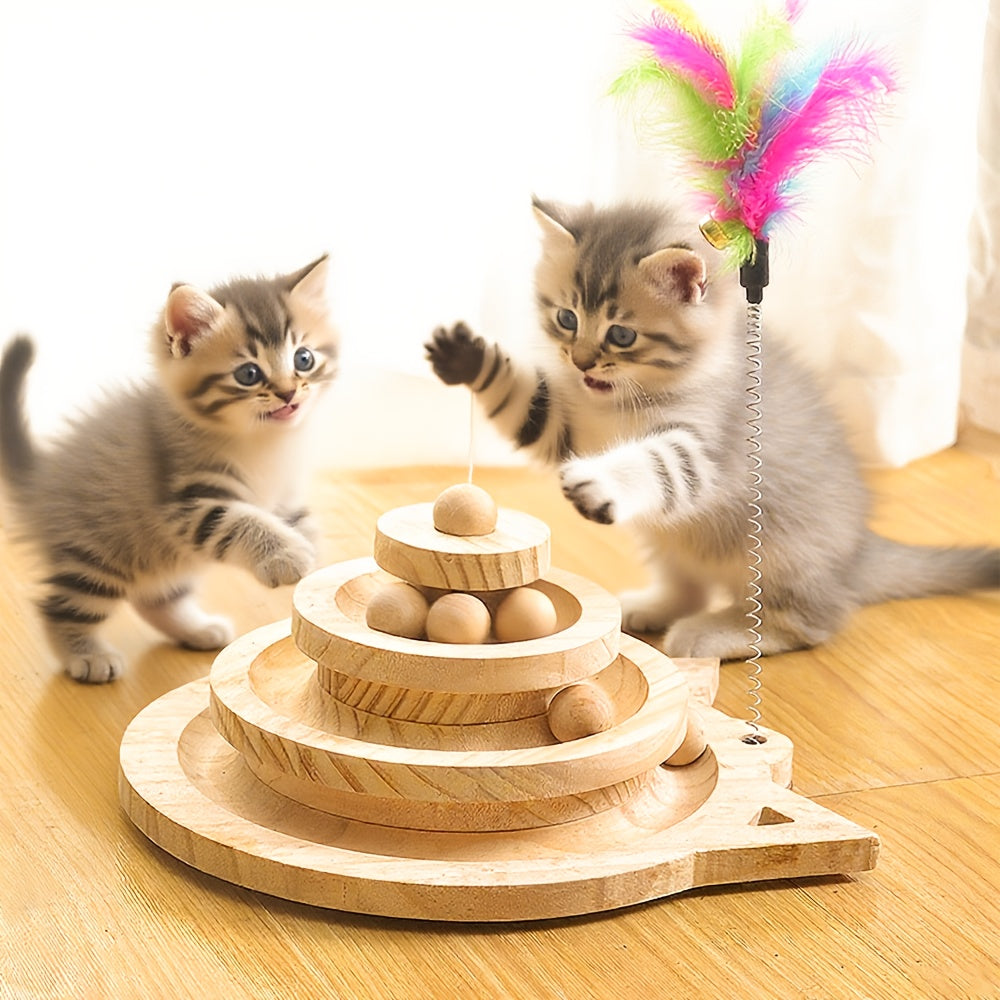 Three Layer Bamboo Wood Interactive Cat Ball Track With Nine Detachable Balls And Teasing Stick DIY Circle Toys