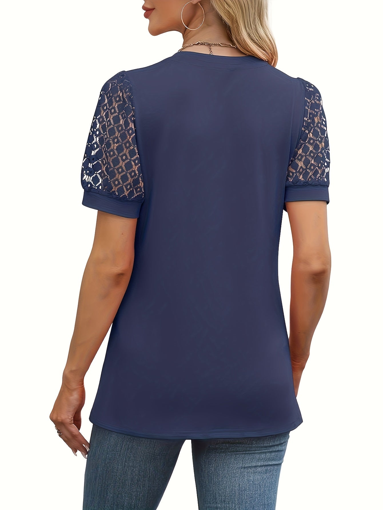 Elegant Crease Round Neck Lace Short-sleeved T-shirt - Two-piece 2025 European And American Fashion Casual Ladies