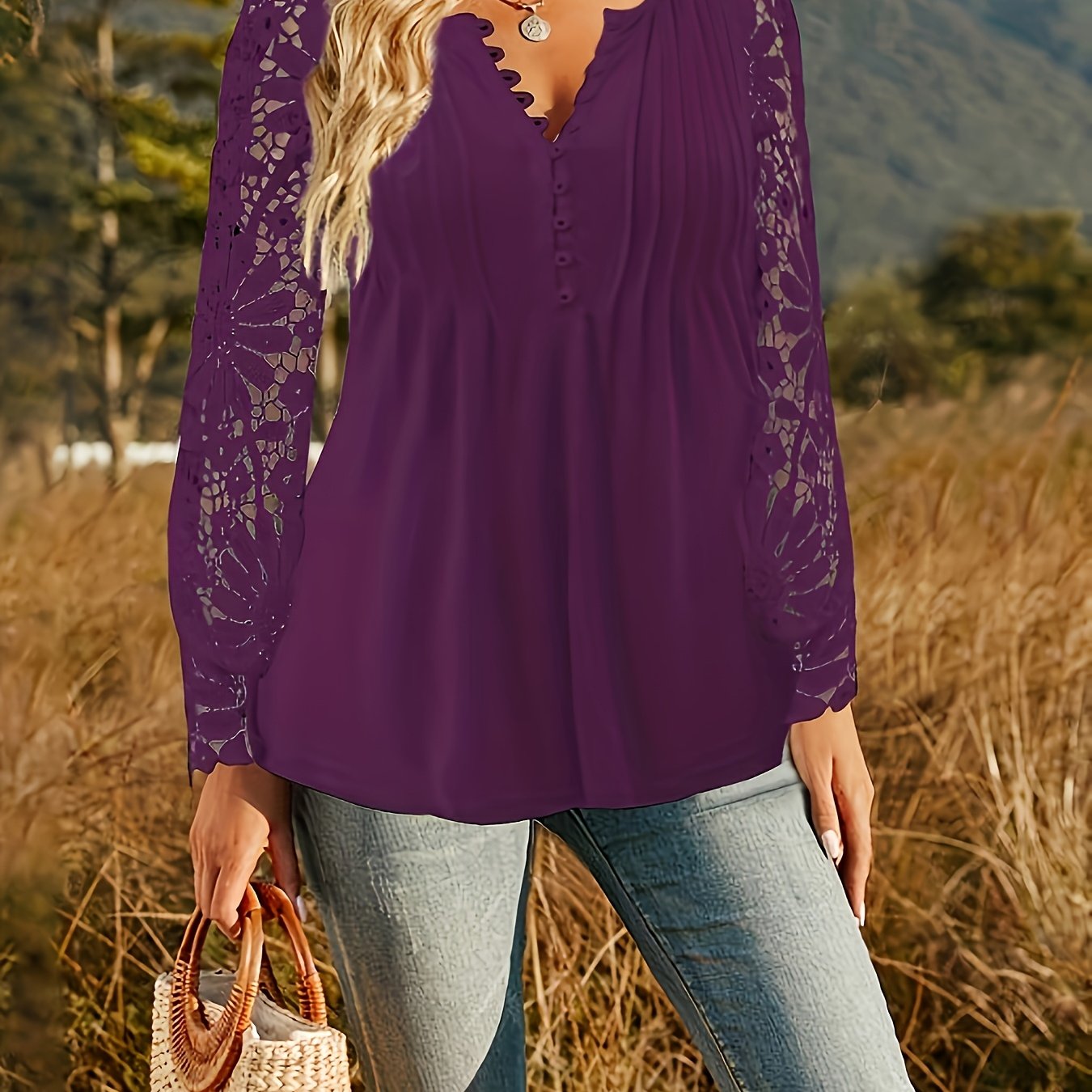 European And American Spring And Autumn Fashion New Women's Lace Lace Sleeves Pressed Pleated Solid Color Buttoned T-shirt Base Shirt Button Shirt Blouses