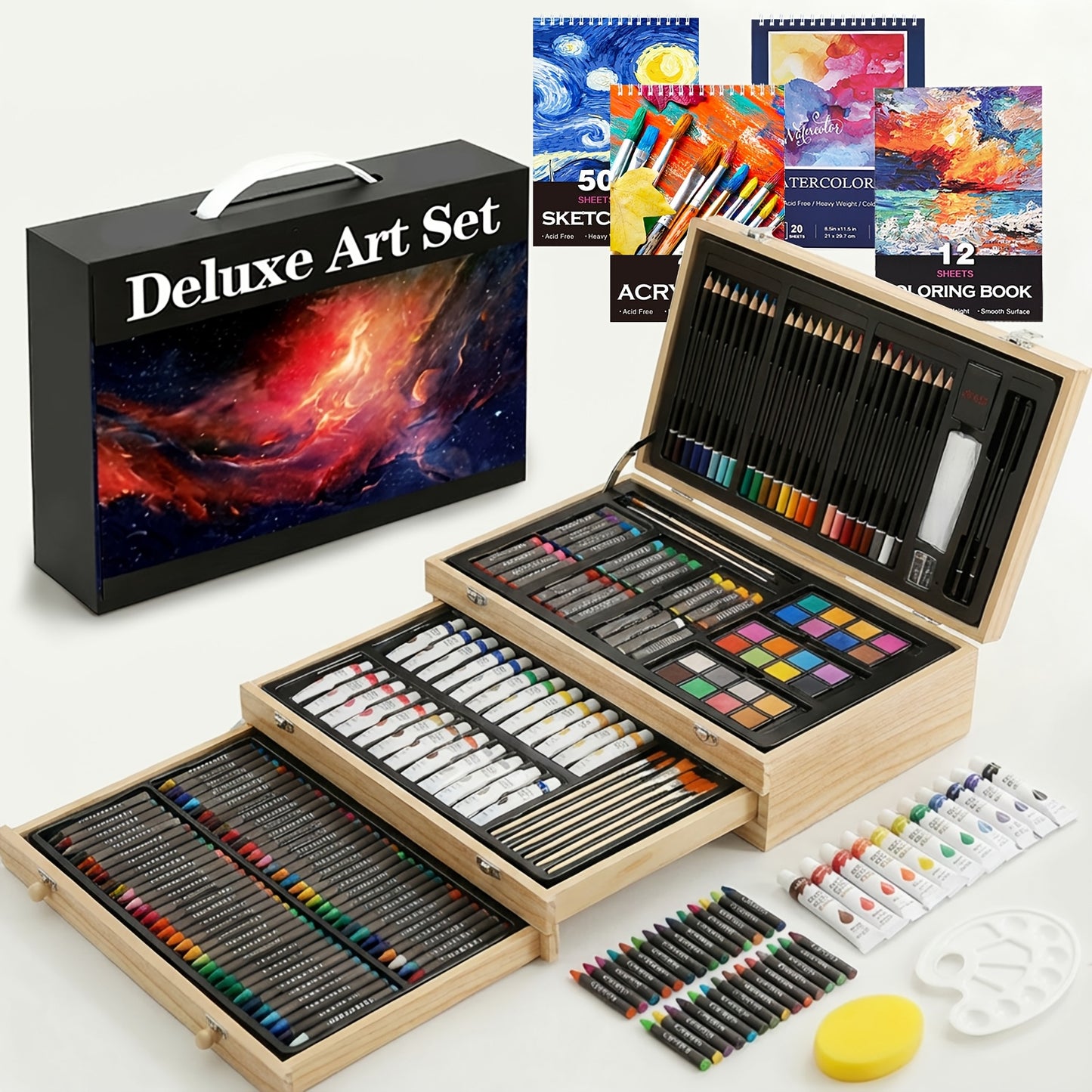 PASAMIC 194Pcs Deluxe Art Set With Wooden Case And Supplies
