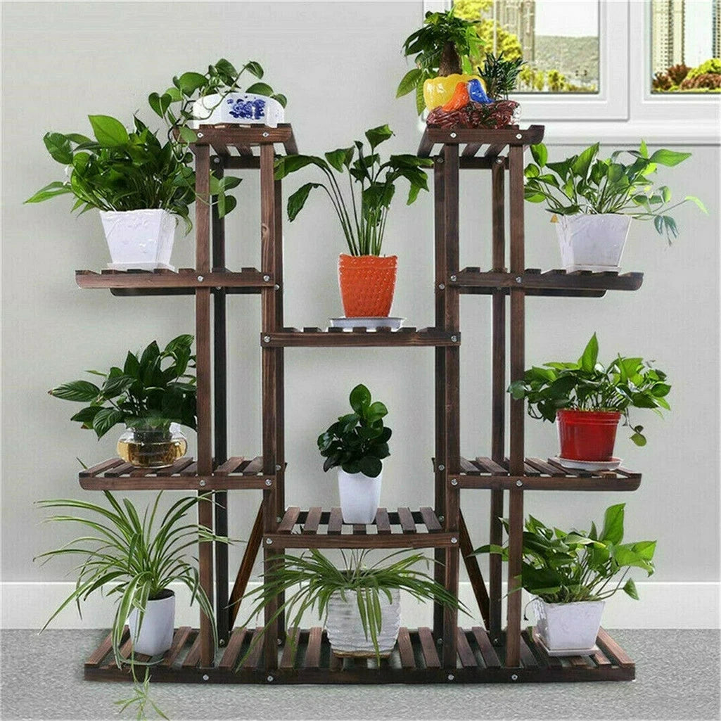 UNHO 46 Inch Multi Tier Plant Stand Wood Flower Rack 16 Pot Display Shelves Indoor Outdoor Patio Garden-A