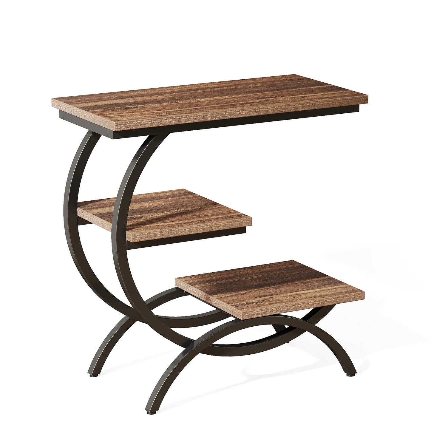 Tribesigns C Shaped End Table With 3 Tier Storage Shelves Rustic Brown Tabletop And Matte Black Metal Frame-A