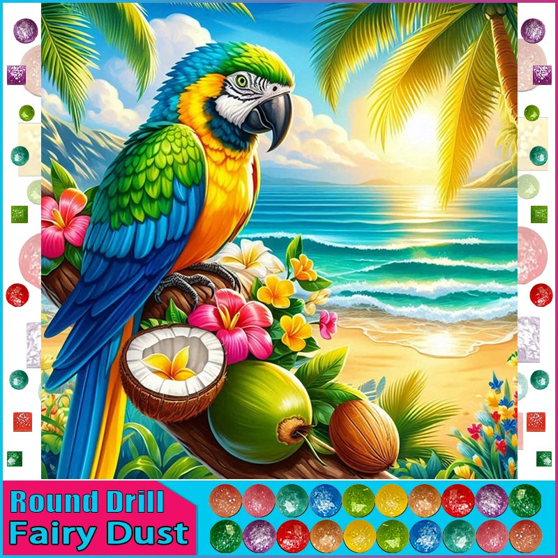 DiaPai Fairy Dust Diamond Painting Parrot Kit A 3D 5D Full Square and Round Drills No Frame Required-A
