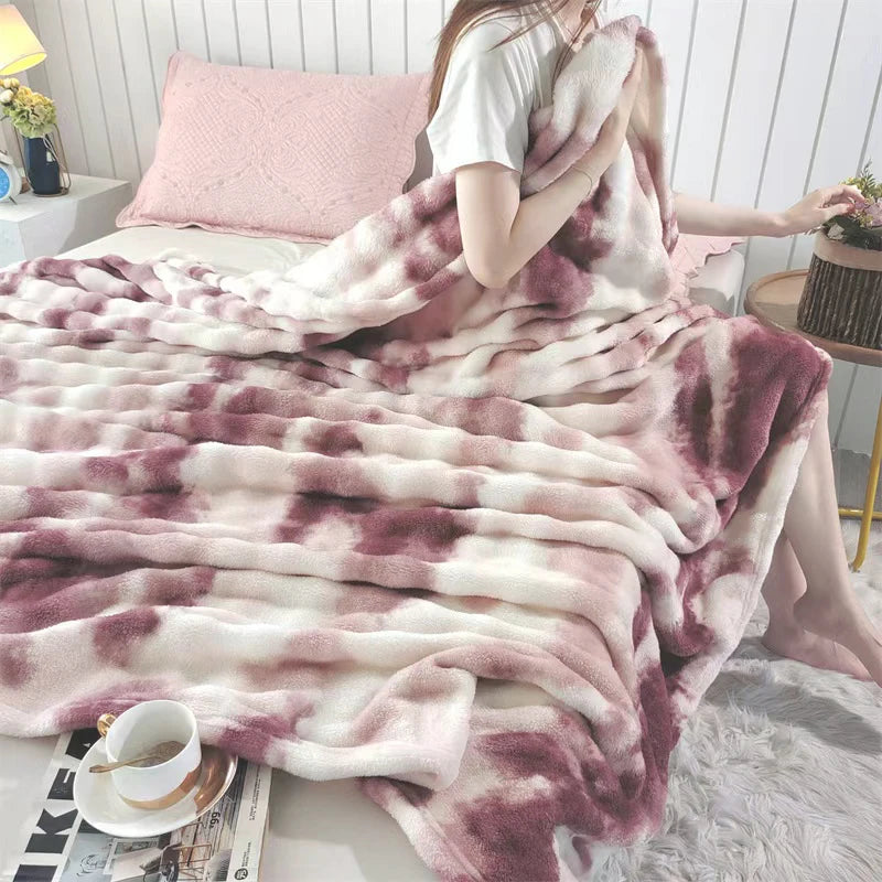 KDV Gradient Bubble Fleece Throw Blanket Plush Faux Rabbit Fur Knit Coral Fleece Texture-A