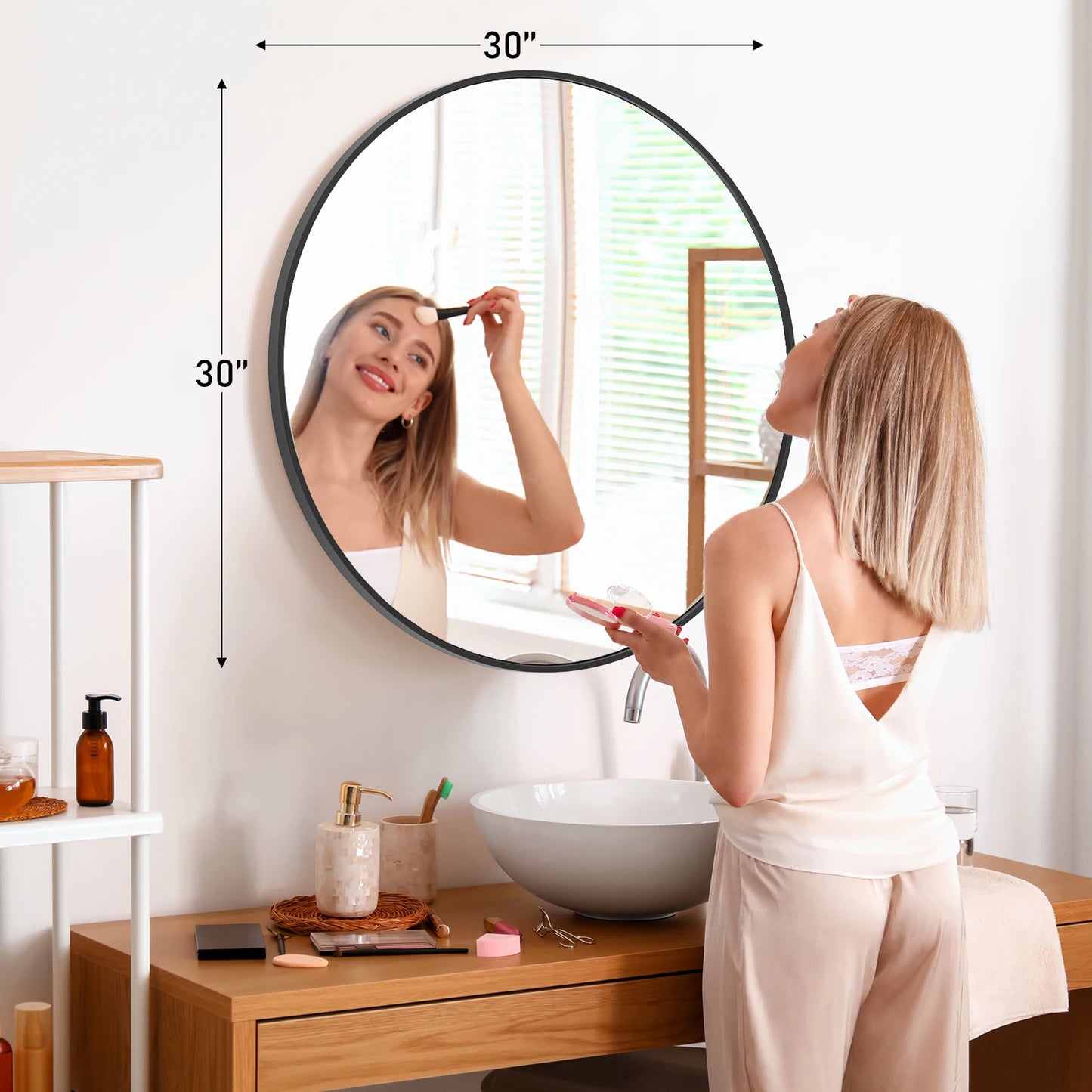 JHK Round Vanity Mirror With Matte Metal Frame Distortion Free Reflection Silver Plated Glass For Makeup And Grooming-A