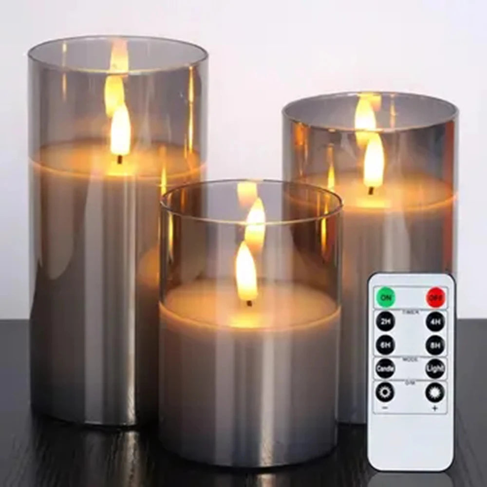 Three Piece LED Glass Candle Set With Remote Timer For Home Decor