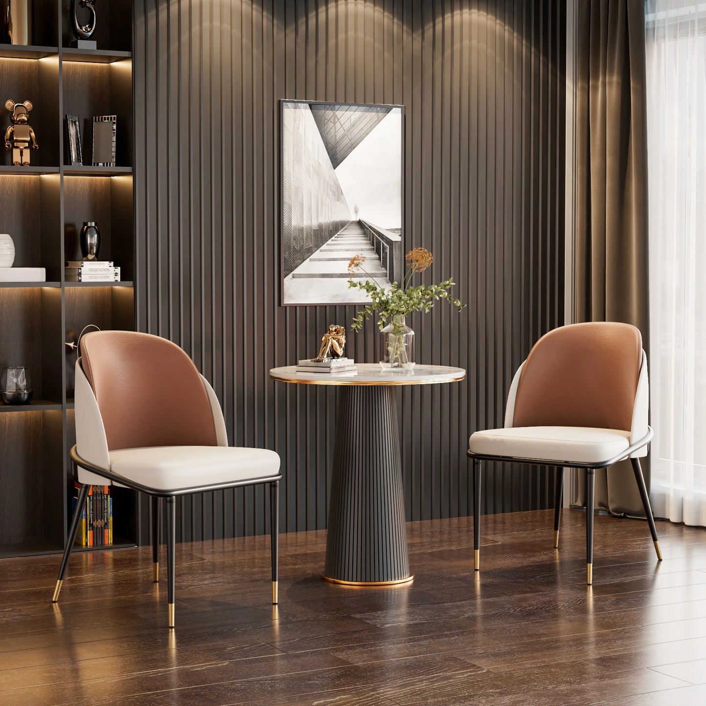 Modern Faux Leather Dining Chairs Pair With Upholstered Wood Back Curved Minimalist Two Tone Beige And Reddish Brown-A