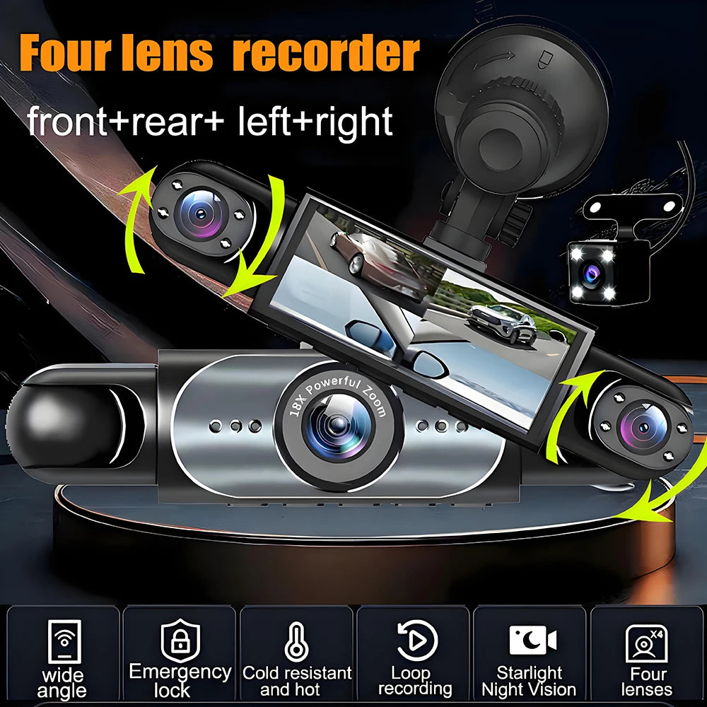 4 Channel Dash Cam 360 Degree 1080P Car Video Recorder With Night Vision Quad View And Reversing Assist-A