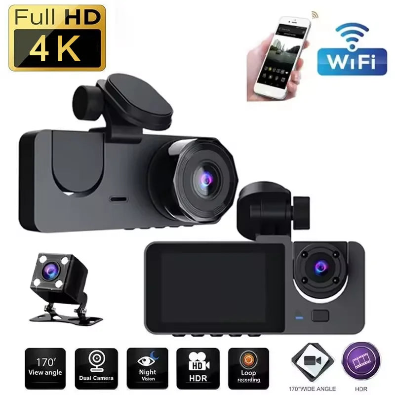 CZSKY 4K Dash Cam Car DVR Triple Channel Front Interior Rear Night Vision With Wide Angle Coverage And Loop Recording-A