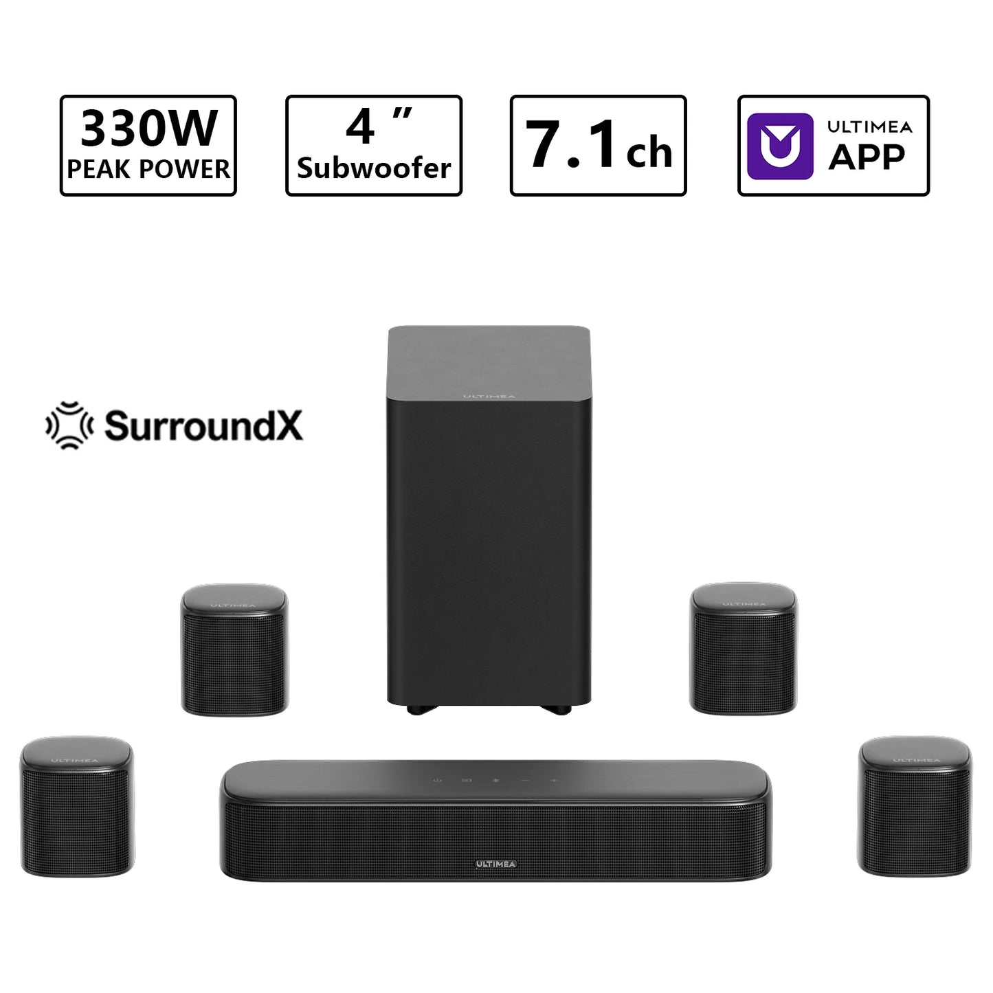 Ultimea 350W 7.1ch Virtual Surround Soundbar With Subwoofer And Smart App Control-A