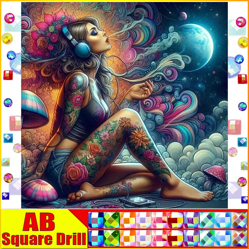 DiaPai Fairy Dust AB Diamond Painting Pattern Kit Woman Tattoo A Iridescent Wall Decor Portrait-A