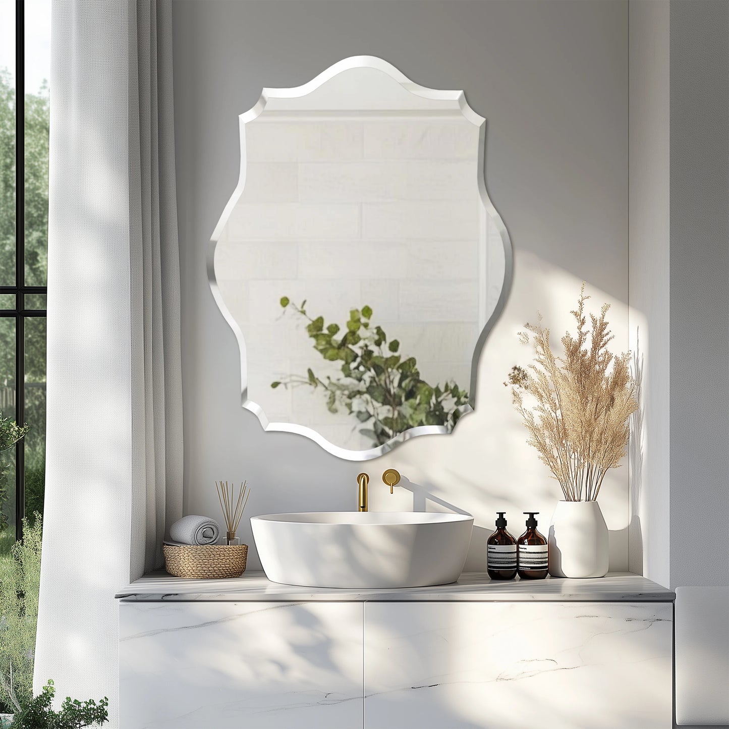 Wisfor Scalloped Frameless Wall Mirror With Beveled Edge Polished Finish For Bathroom Living Room Vanity Bedroom-A