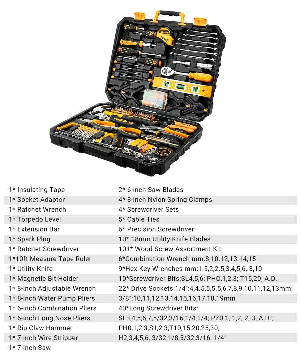 DEKOPRO 228 Piece Socket Wrench Auto Repair Tool Set In Sturdy Toolbox For Home Maintenance And Light Auto Projects-A