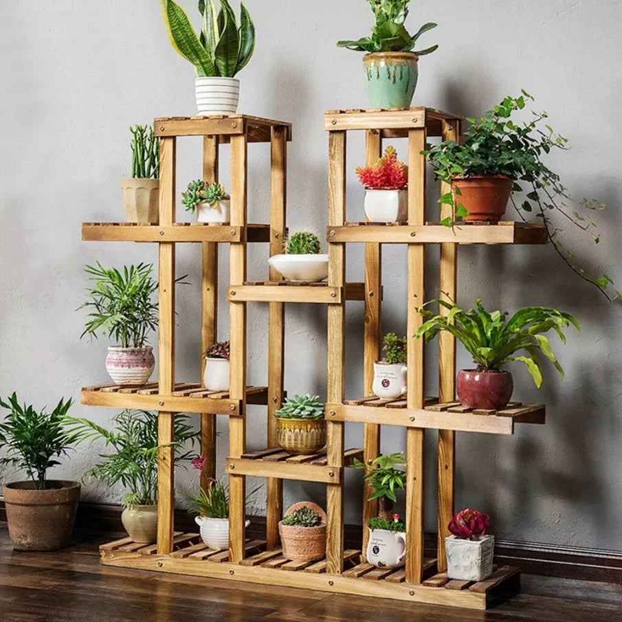 Wisfor Natural Pine Wood Plant Shelf With Multiple Tiers Indoor Outdoor Display Stand For Vertical Garden-A