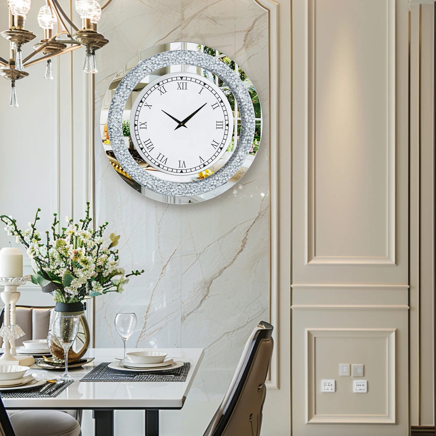 Crystal Sparkle Round Mirror Wall Clock With Beveled Edge Crushed Diamond Inlay And Roman Numerals For Living Room Decor-A