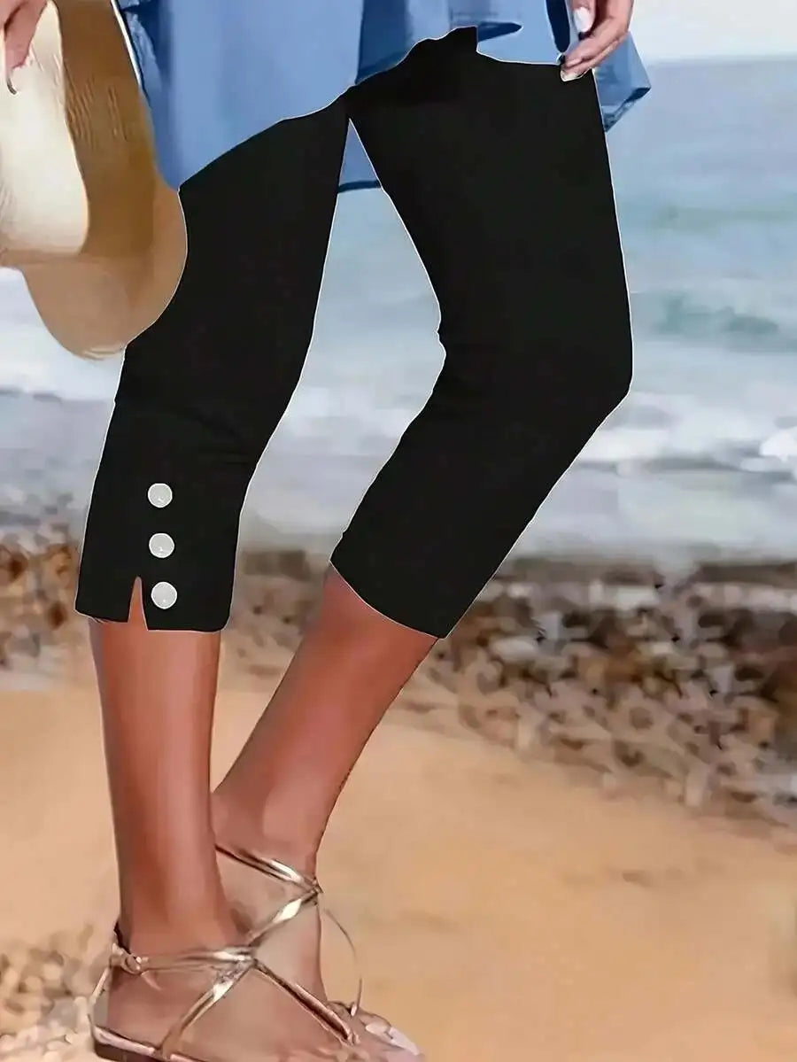 Womens Mid Rise Slim Fit Capri Pants With Decorative Buttons Stretch Knit For All Day Comfort-A