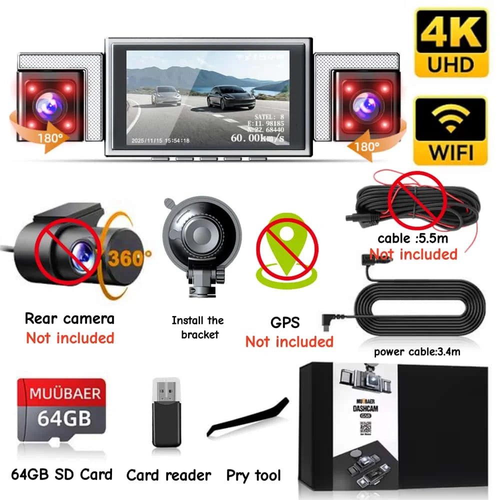 MUÜBAER 4K 360 Dash Cam 4 Channel With GPS 5GHz WiFi Front Left Right Rear 360 Degree View-A