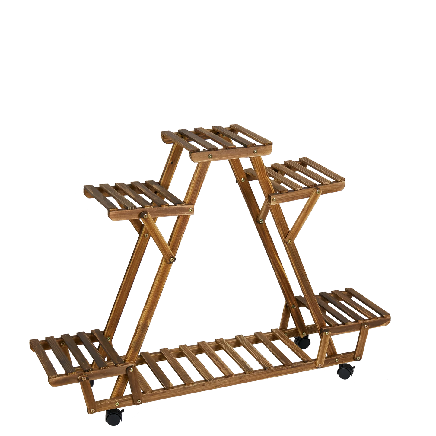 Triangular Six Pot Plant Shelf On Wheels Carbonized Wood Garden Plant Stand Display Rack-A