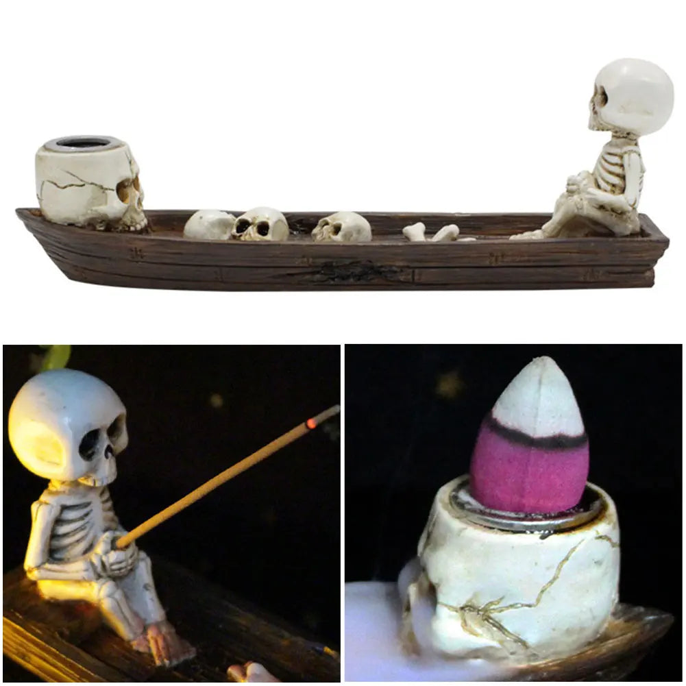 Alloet Skull Boat Incense Holder Gothic Resin Skeleton Statue