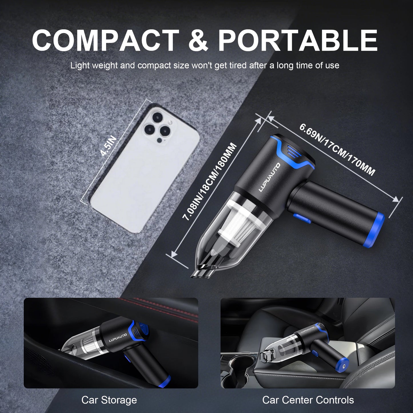 Cordless Mini Car Vacuum Cleaner 12000Pa Suction Portable Handheld Car Cleaner for Crumbs Pet Hair Dust-A
