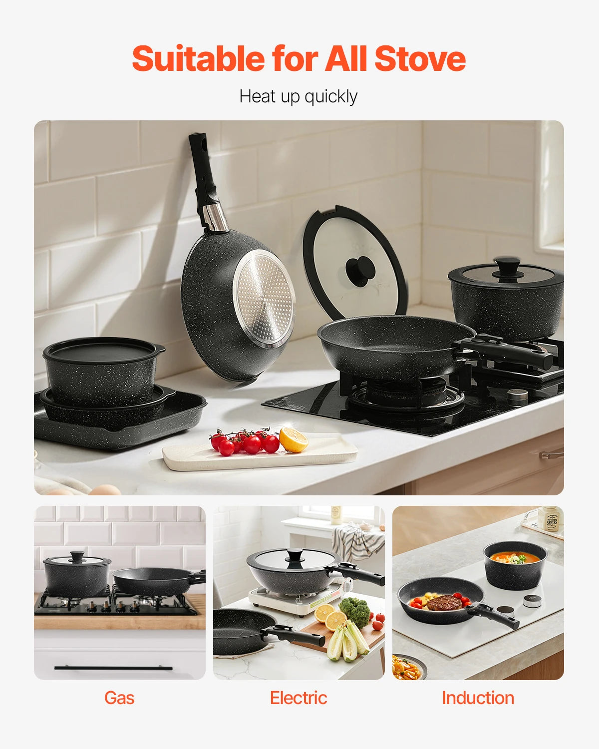 SucceBuy 17 Piece Nonstick Cookware Set Granite Induction Compatible Pots Pans