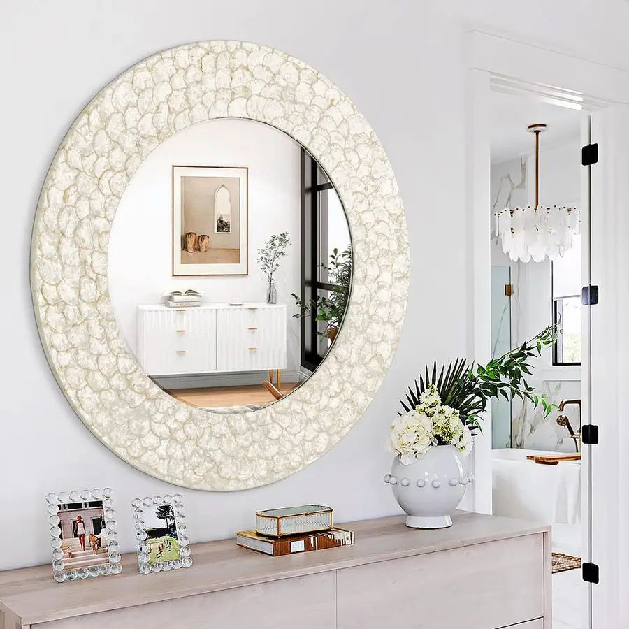 XMSJ Capiz Shell Coastal Mirror With Natural Seashell Circle Frame Handcrafted Unique Wall Mirror-A
