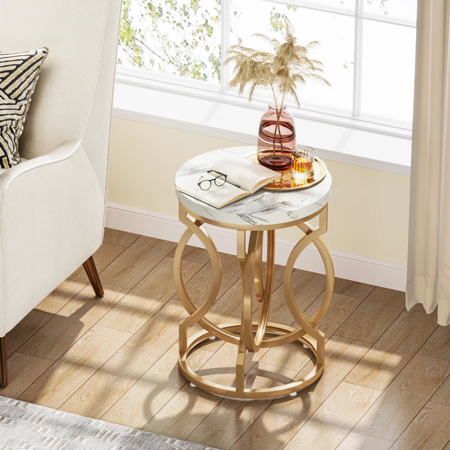 Tribesigns Modern Round End Table With Thick Faux Marble Top And Gold O Base Diameter About 19.7 Inches-A