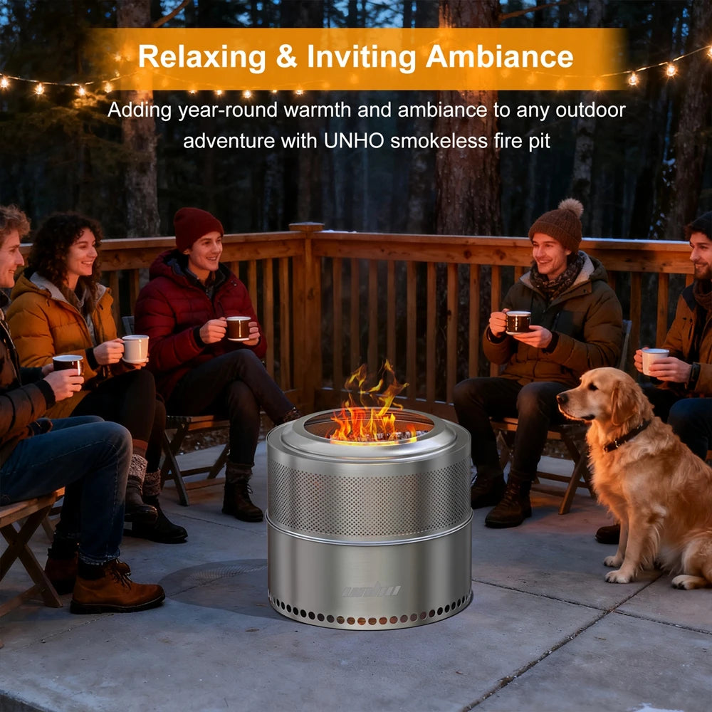 UNHO Smokeless Outdoor Wood Burning Fire Pit Portable Stainless Steel Perforated Design For Airflow-A