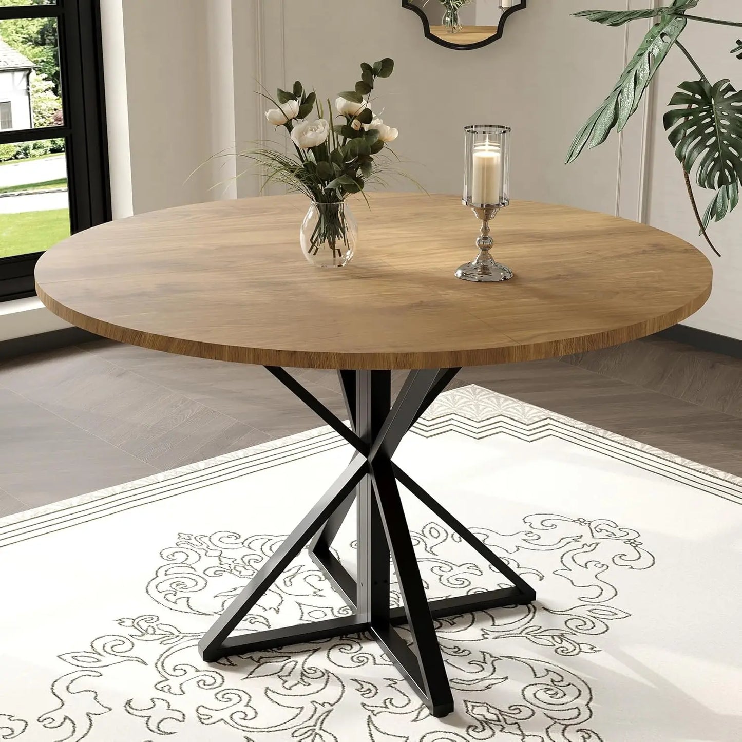 Twister CK Round Dining Table For Four With Wood Top And Metal Pedestal For Family Dinners And Games-A