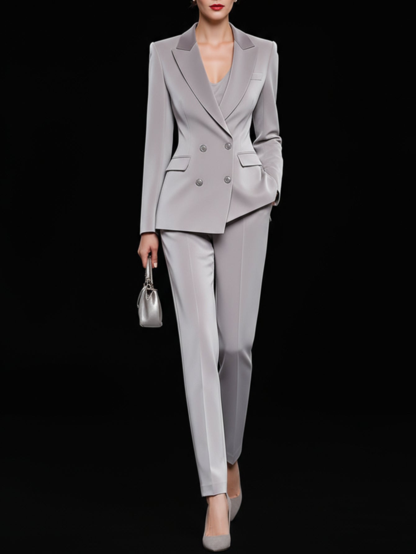 Women's Double-Breasted Blazer And Pocketed Slim Pants Suit Executive-Ready All-Season