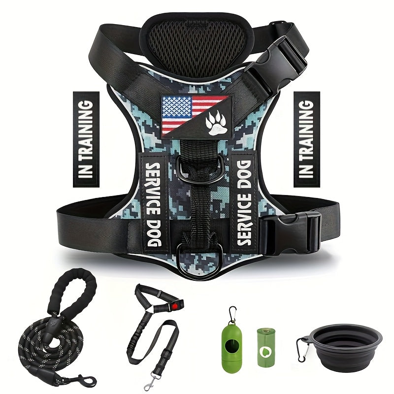 Dog Vest Harness, Adjustable With Leash Set, Includes 5 PCS Patches, Dog Seat Belt, Collapsible Bowls & Poop Bag Dispenser, For Training, Walking, Hiking