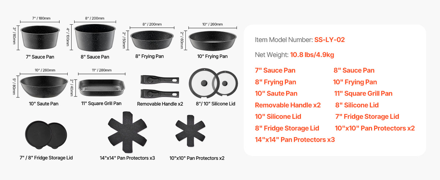 SucceBuy 17 Piece Nonstick Cookware Set Granite Induction Compatible