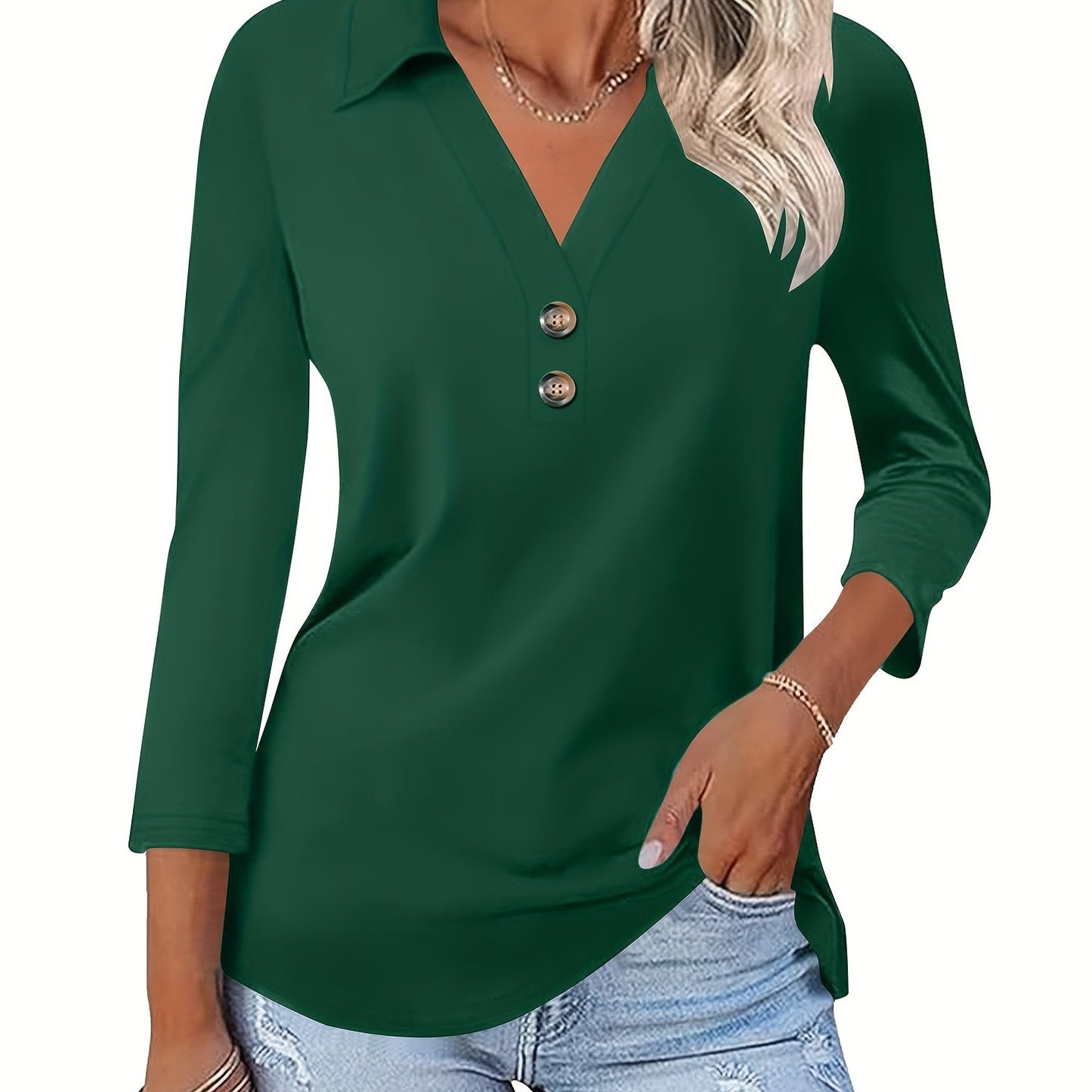 Floral Womens 3/4 Sleeve V Neck T Shirt Collared Button Shirts
