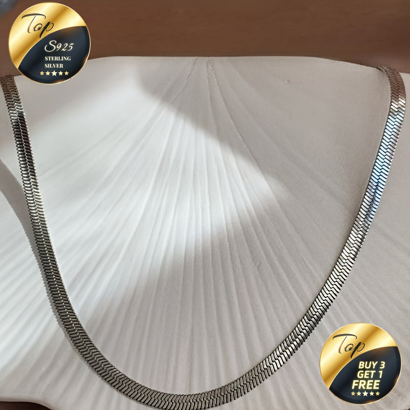 S925 Sterling Silvery Flat Snake Bone Chain Necklace, Sexy Clavicle Chain. Clean Fashionable Silvery Accessory. Ideal for Daily Wear And Parties And Holidays. Gift for Valentine's Day, Mother's Day, Anniversary,, Christmas, H