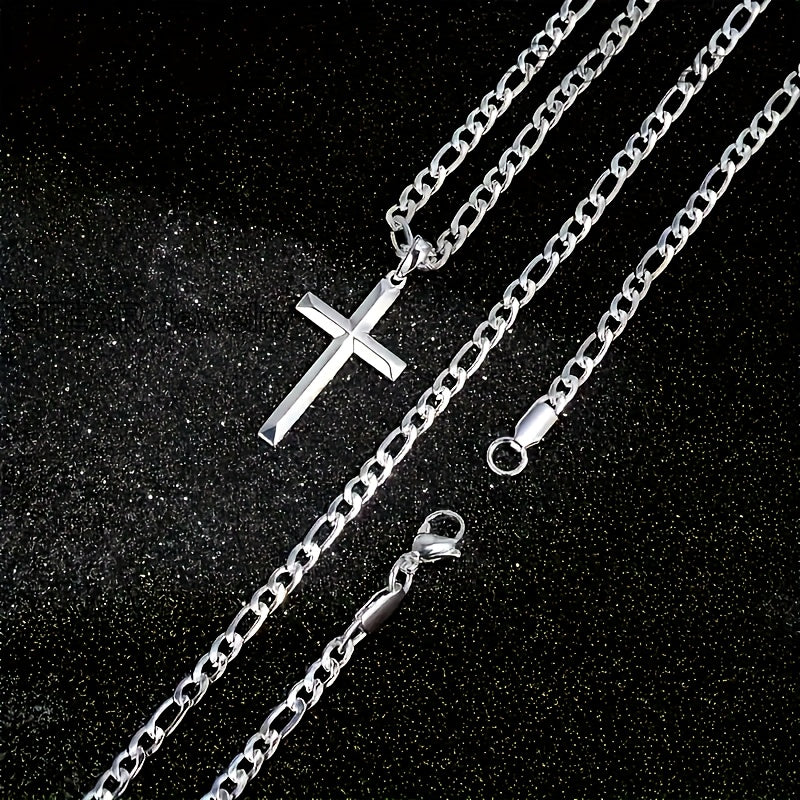 925 Silvery Cross Necklace, Figaro Chain, Suitable For Men And Women Necklaces, For Men, Wives, Girlfriends, Mothers, Daughters Anniversaries, Birthdays, Various Festivals, Special Occasions - Includes Gift Boxes