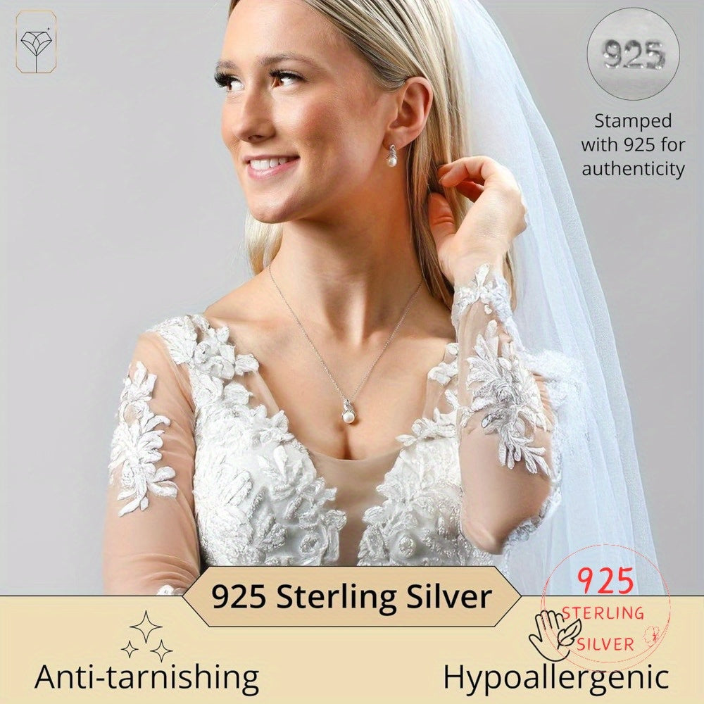 S925 Sterling Silvery Necklace and Earrings Set | Set with Synthetic Zirconia and Non-Allergenic Genuine Freshwater Pearl Jewelry, Equipped with a 18-Inch Silvery Chain | Women'S Bridal Groomsmen Set