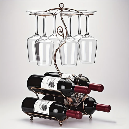 Wine Bottle And Glass Rack Holder For Kitchen, Holds 4 Bottles And 6 Glasses, Contemporary Metal Organizer