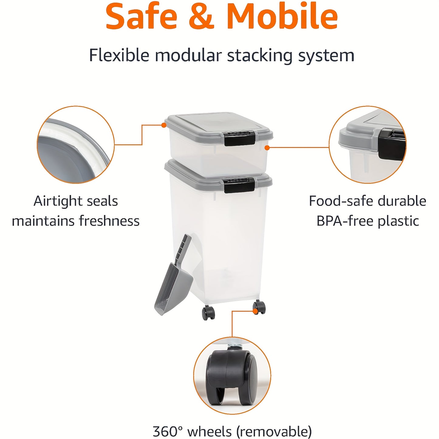 30 lbs & 11 lbs Combo Dog & Cat Food Storage Container - Heavy-Duty Airtight Pet Food Dispenser with Stackable Design, Bin & Scoop, Locking Latches & Smooth-Rolling Wheels - Large Capacity Dry Kibble, Treats Organizer (Multi-