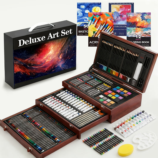PASAMIC 194Pcs Deluxe Art Set With Wooden Case And Supplies