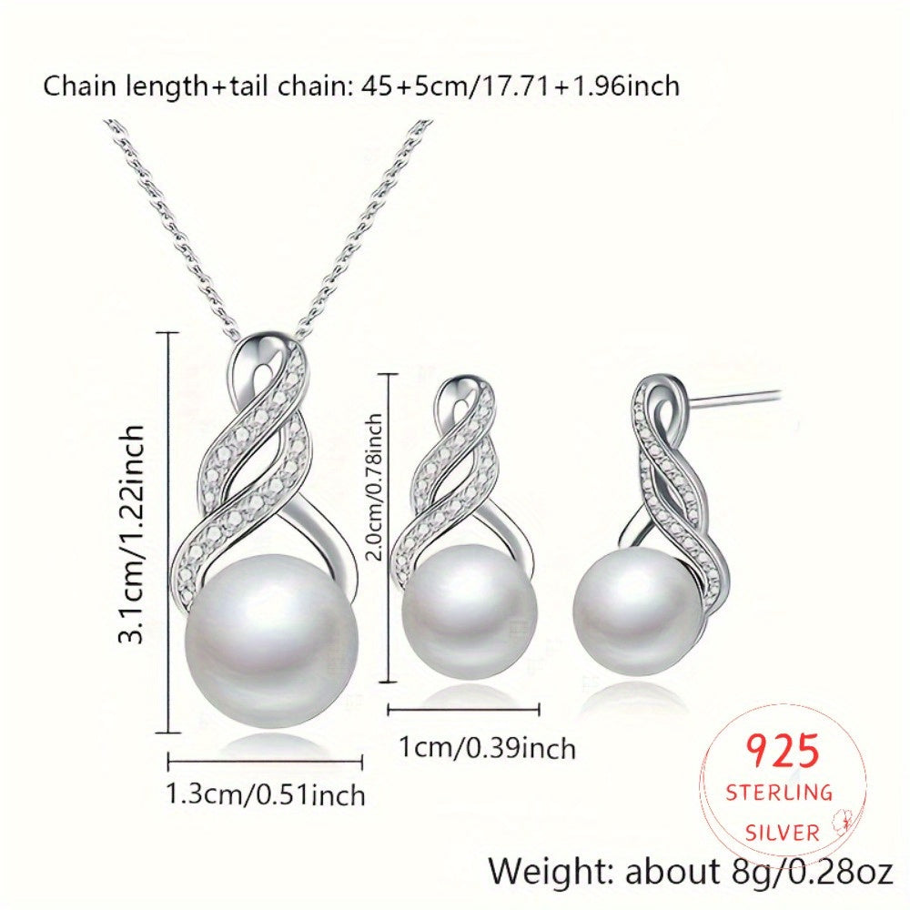 S925 Sterling Silvery Necklace and Earrings Set | Set with Synthetic Zirconia and Non-Allergenic Genuine Freshwater Pearl Jewelry, Equipped with a 18-Inch Silvery Chain | Women'S Bridal Groomsmen Set