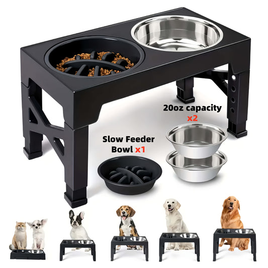 5 Height Adjustable Raised Dog Bowls, Collapsible Raised Dog Bowl Stand with Slow Food Bowl And Stainless Steel Dog Food Bowl for Small, Medium, And Large Dogs And Cats