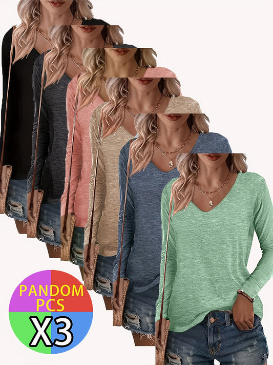 3pcs Of Women's V-neck Solid-color T-shirts. They Are Soft, Comfortable, Long-sleeved Tops That Are Versatile for Daily Commuting And Can Be Worn All Year Round., Everyday Essentials, Allseason Tops, Solid Color Top, Minimali