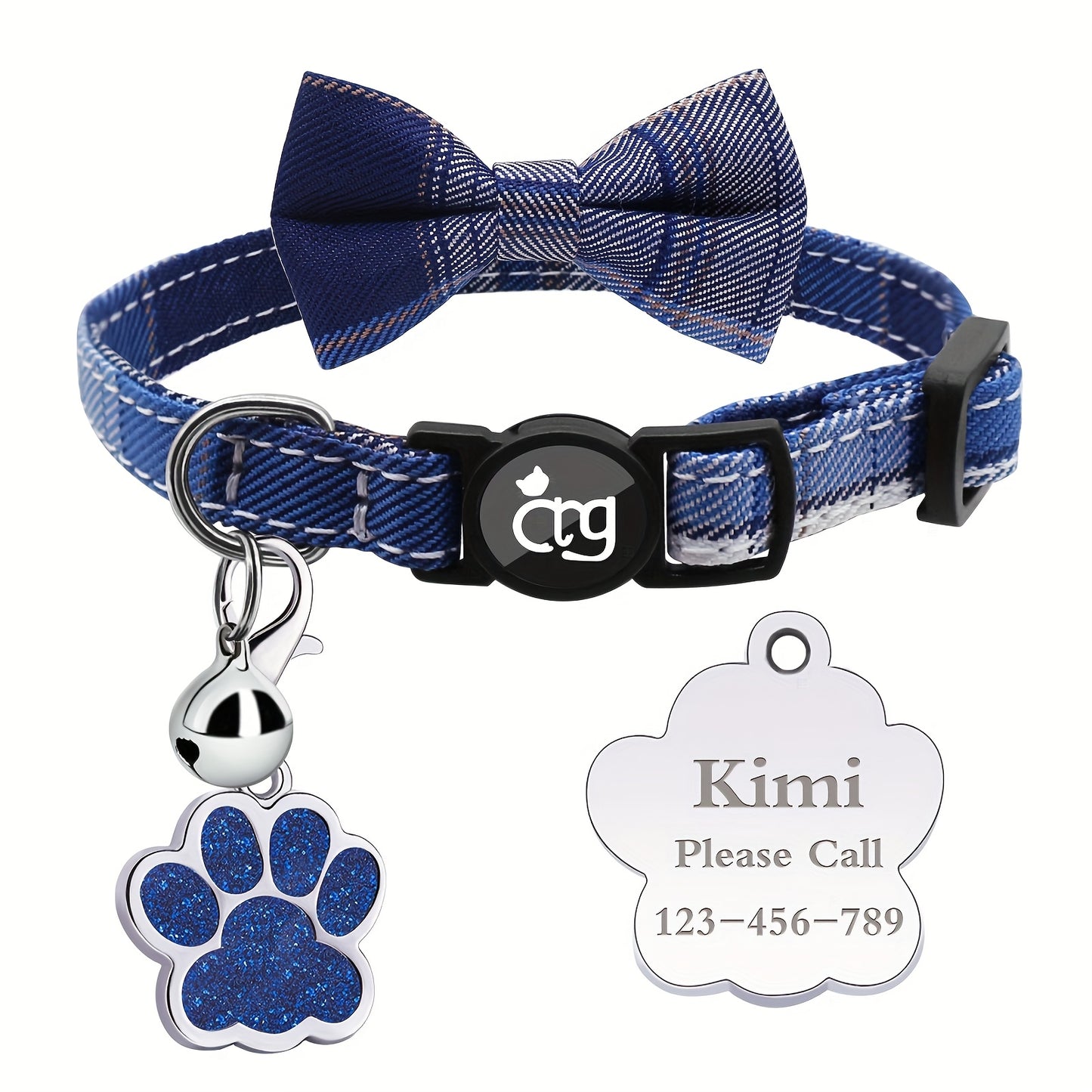 [Personalized Pet Collar] Personalized Metal Paw Tag Pet Collar | Custom Safe Buckle, Bow Tie, Nylon Material, Jazz Plaid Pattern, Bell - Ideal For Cats And Small Dogs, No Battery