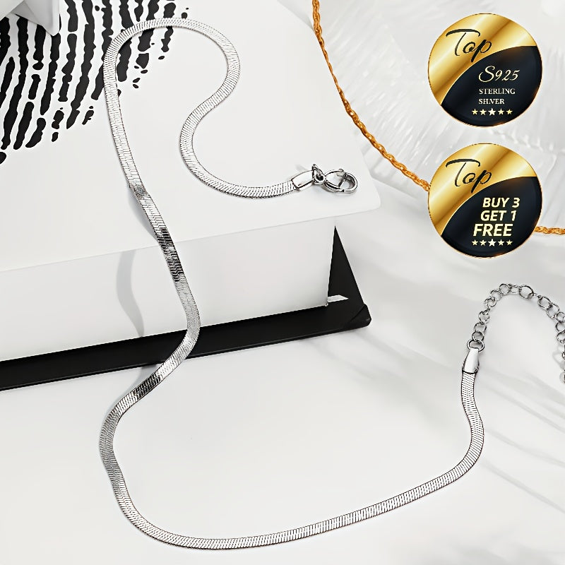 S925 Sterling Silvery Flat Snake Bone Chain Necklace, Sexy Clavicle Chain. Clean Fashionable Silvery Accessory. Ideal for Daily Wear And Parties And Holidays. Gift for Valentine's Day, Mother's Day, Anniversary,, Christmas, H