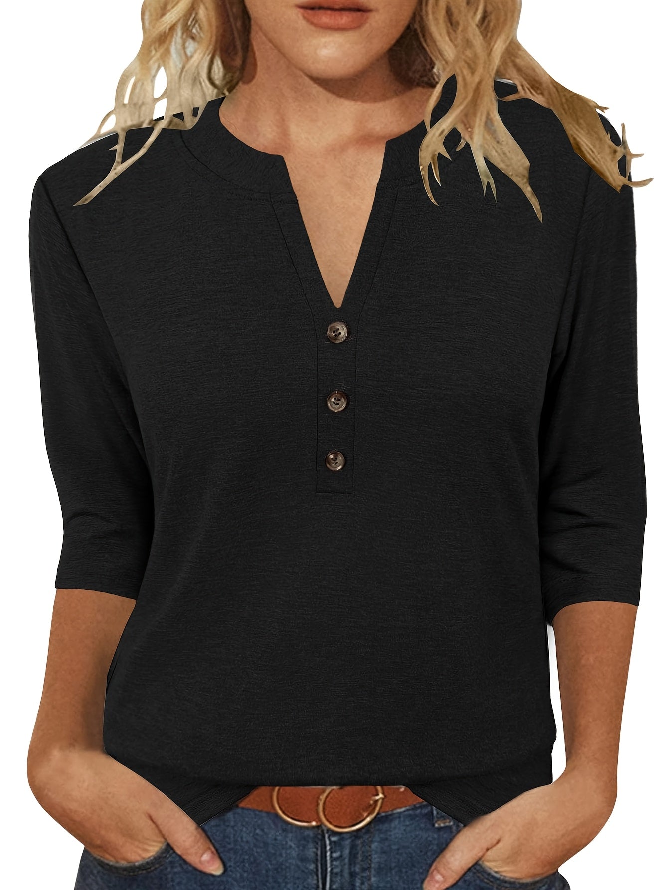 3/4 Sleeve • Casual Fashion • Women's Spring/Summer Three-Piece V-Neck Button-Blouse Quarter Sleeve T-Shirt
