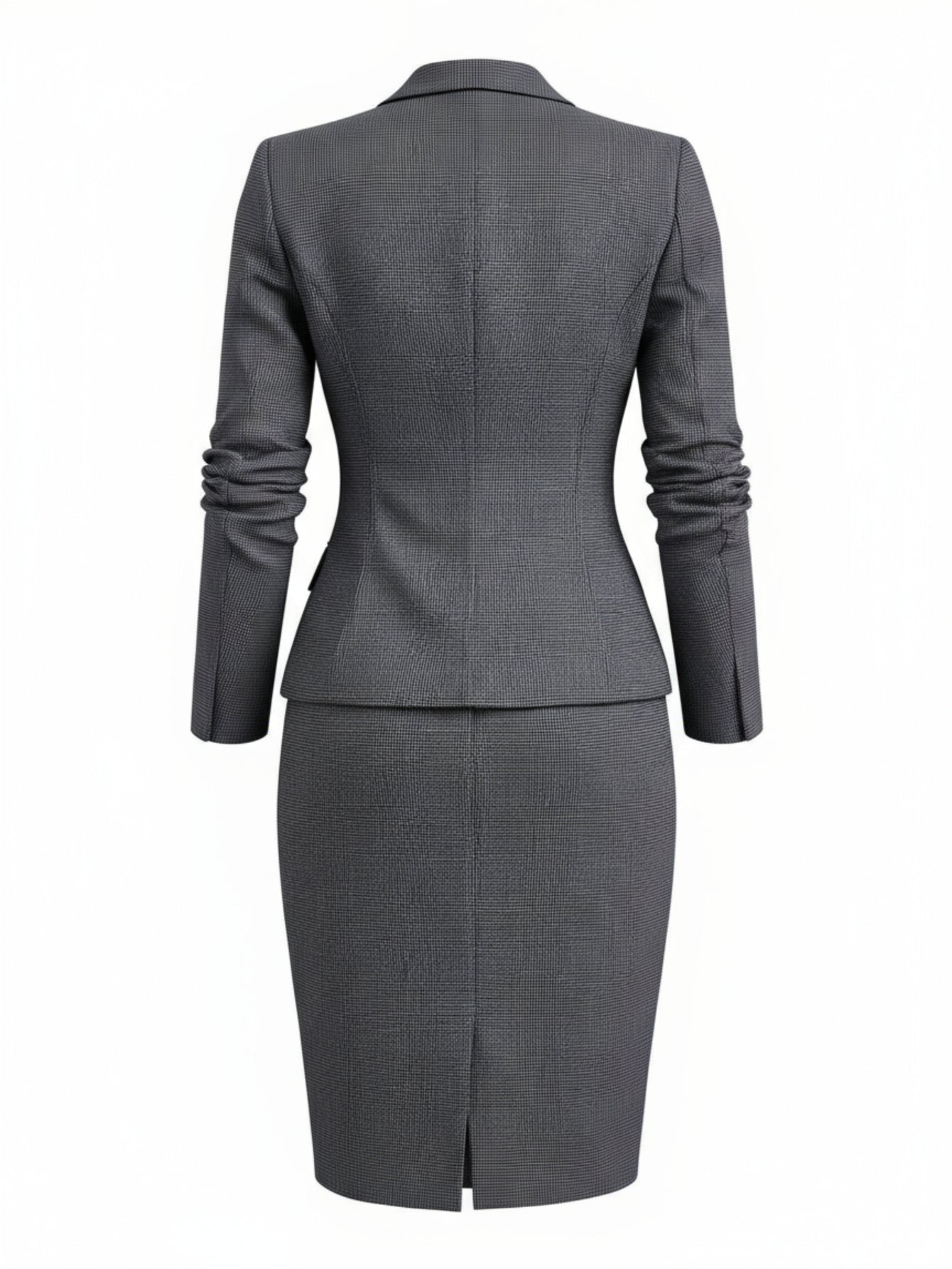 2pcs Set: Gray Houndstooth Collared Single-Breasted Short Blazer + Waist-Defining Pencil Midi Skirt Women'S Suit | Stylish, sharp retro design, perfect for the workplace and formal occasions, Professional Outfit, Business Att