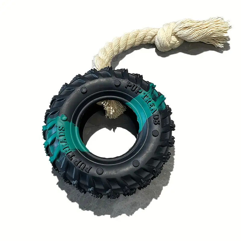 1pc Heavy-Duty Chew Proof Dog Chew Toy - Non-Toxic Rubber Tire with Rope Inside, for Aggressive Chewers - Interactive Chew Toy for Large Breeds, Tug-of-War, Fetch, and Solo Play - Durable Chewable Puppy Teething Gift for Dogs