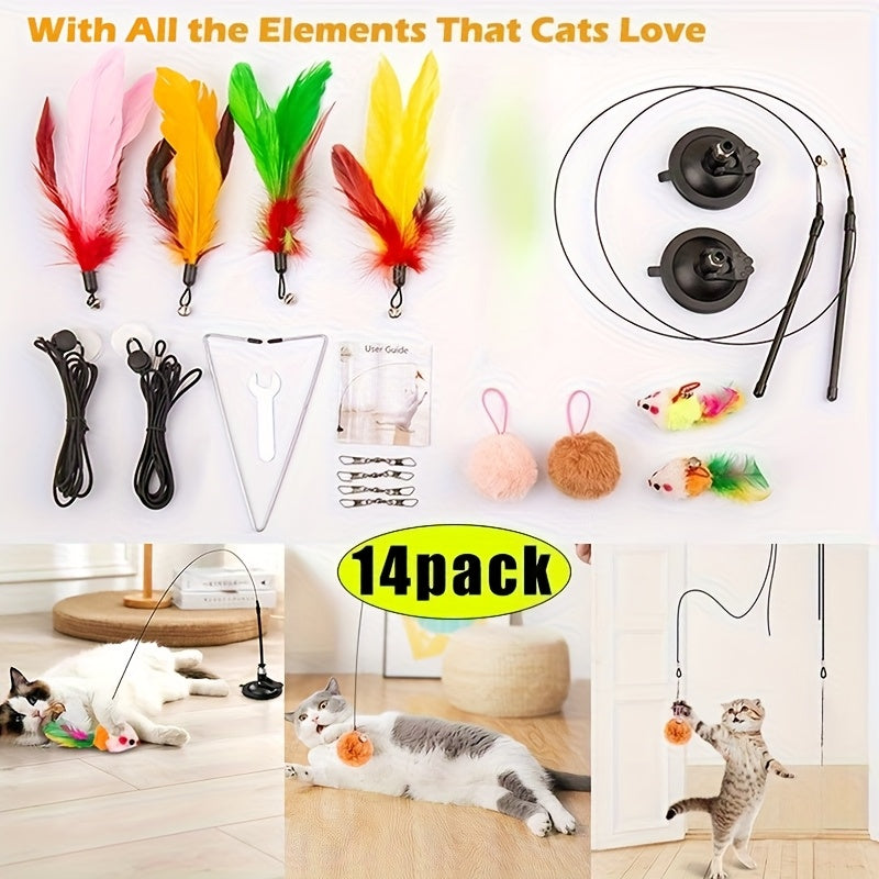 14 Pack Durable Interactive Cat Toys with Suction Cup Base & 78" Rope - Plush Bird Teaser Wand, Mice Toys for Indoor Cats, Multi-Color Feathers & Non-Electric Design for Self-Entertainment & Exercise