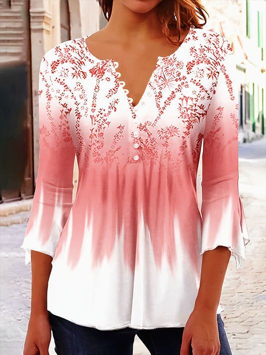 Lightweight Floral Print V-Neck Top With 3/4 Sleeves